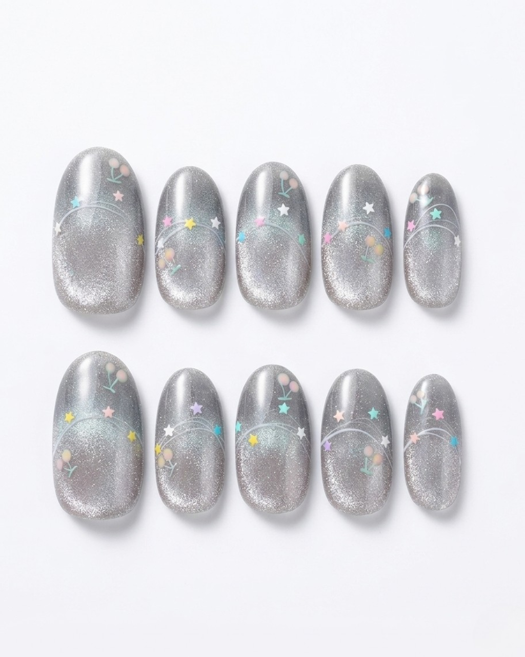 Silver, press-on nails, short oval, soft gel, reusable