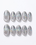 Silver, press-on nails, short oval, soft gel, reusable