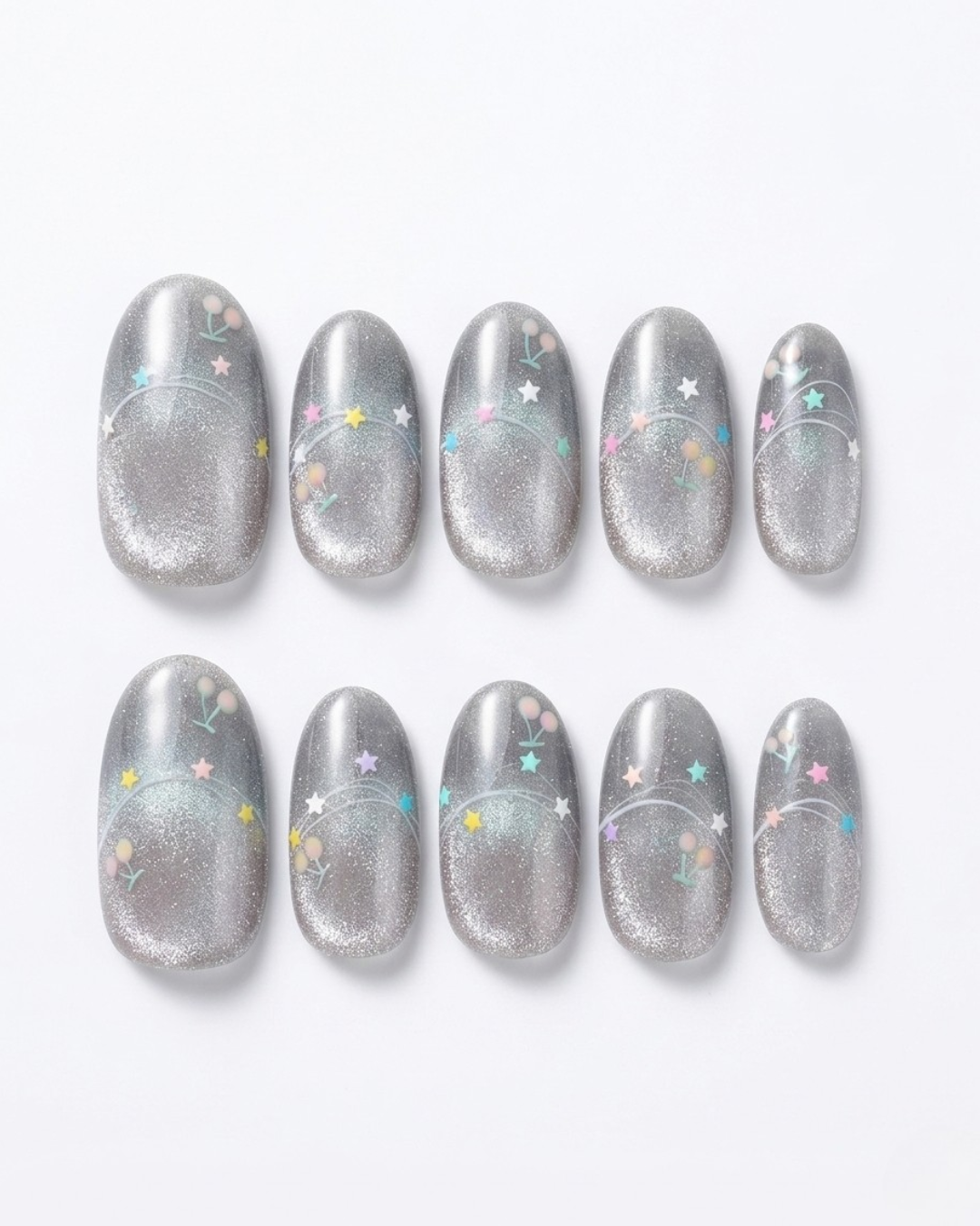 Silver, press-on nails, short oval, soft gel, reusable
