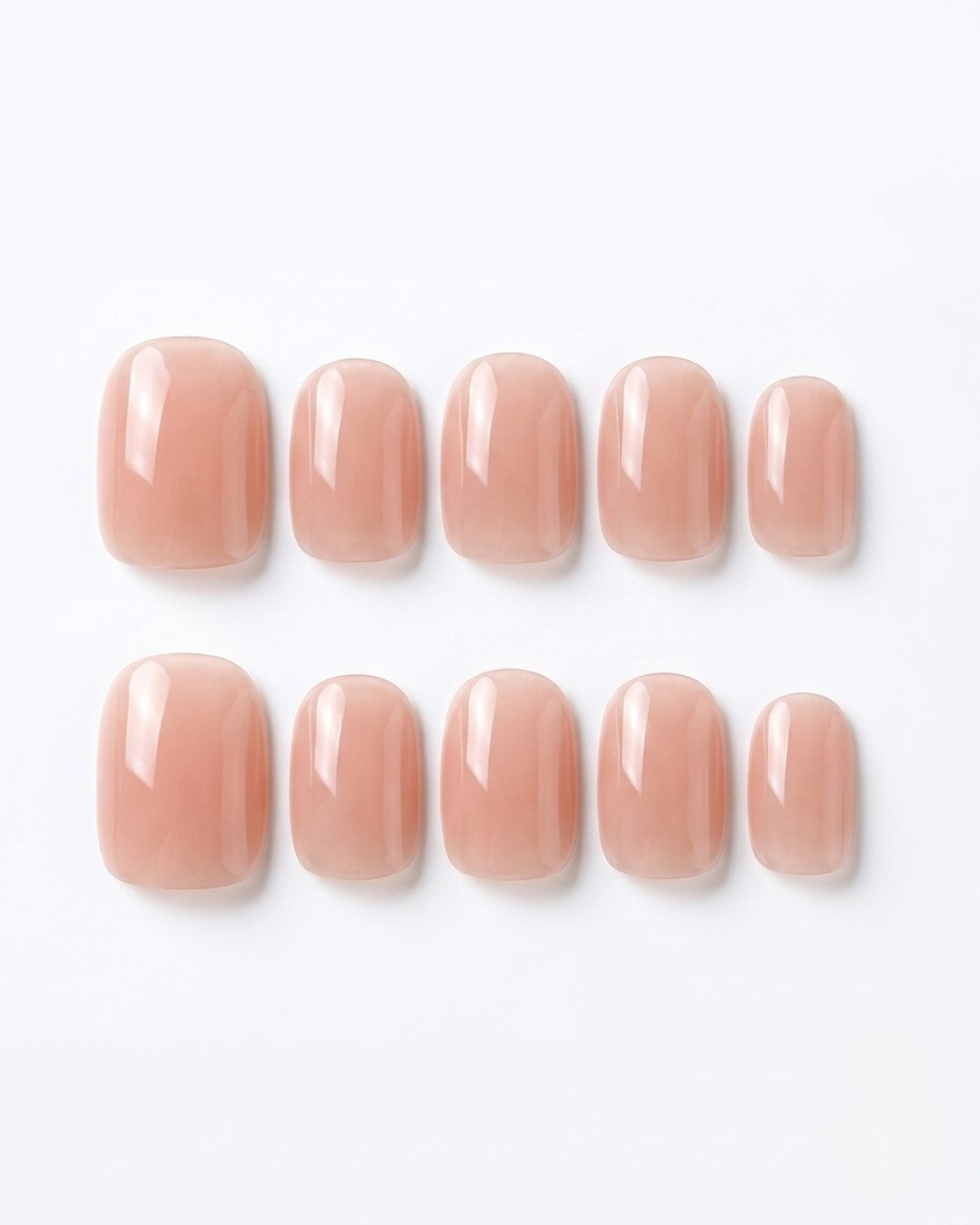 Peach nude, press-on nails, short round, soft gel, reusable