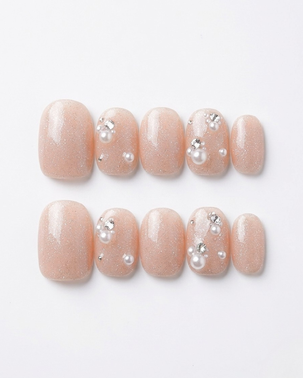 Champagne nude, press-on nails, short rounded, soft gel, reusable, 3D