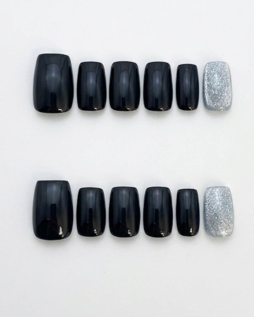 Black, press-on nails, short square, soft gel, reusable