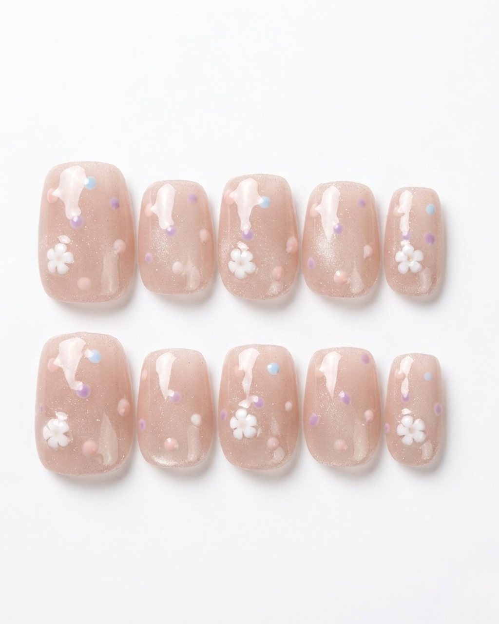 Nude pink, press-on nails, short squoval, soft gel, reusable, 3D