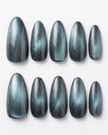 Blue, cat-eye, press-on nails, medium almond, soft gel, reusable