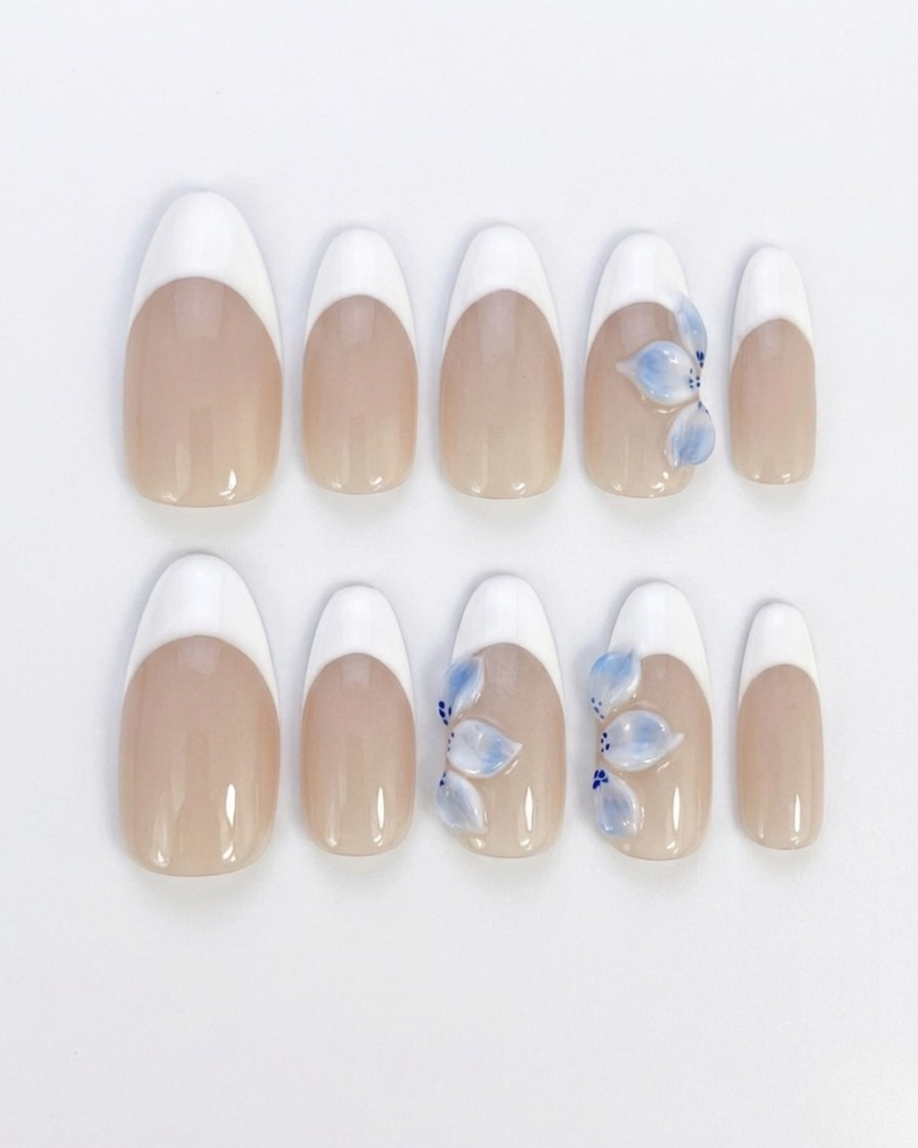 French, press-on nails, medium almond, soft gel, reusable, 3D