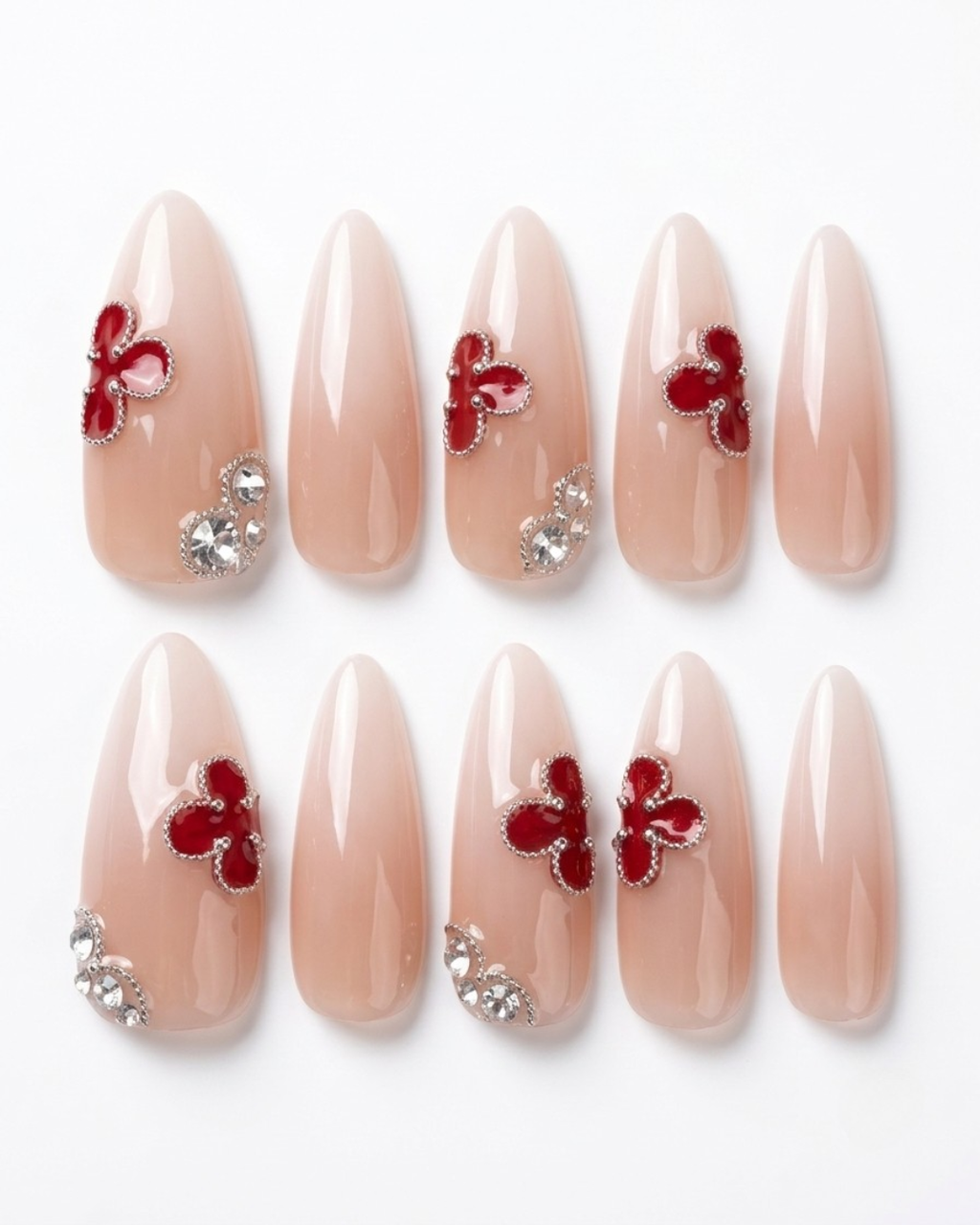 Nude, press-on nails, long almond, soft gel, reusable, 3D