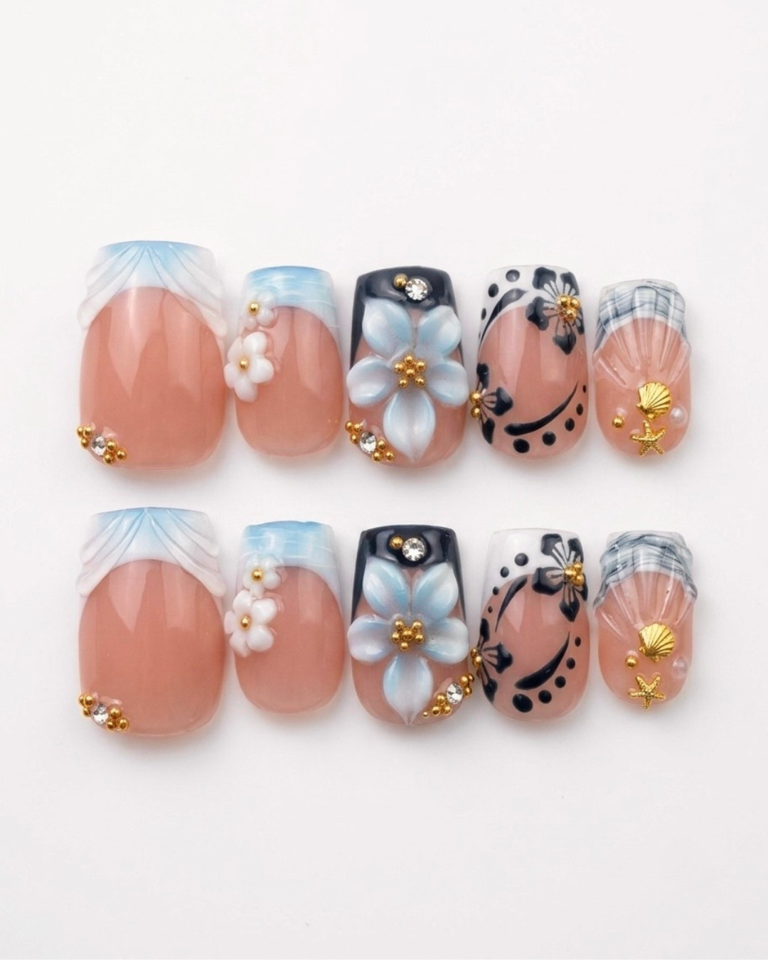French, press-on nails, short square, soft gel, reusable, 3D