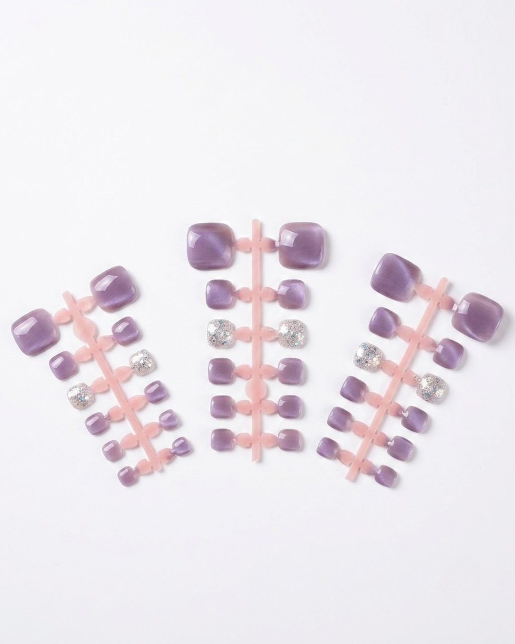 Purple, silver, cat-eye, press-on toenails, short squoval, soft gel, reusable