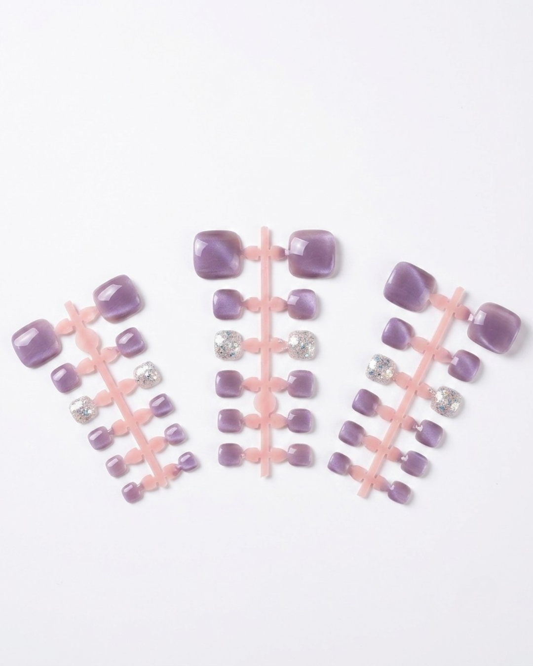 Purple, silver, cat-eye, press-on toenails, short squoval, soft gel, reusable