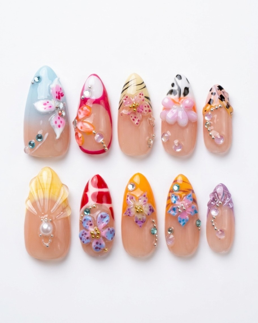 Press-on nails, short almond, soft gel, reusable, 3D