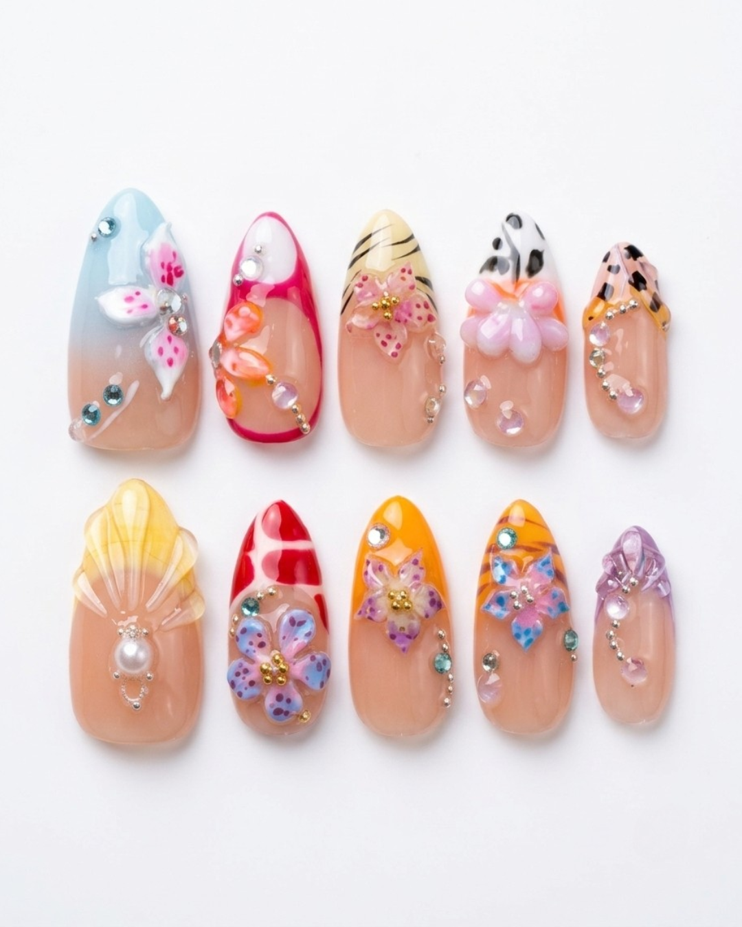 Press-on nails, short almond, soft gel, reusable, 3D