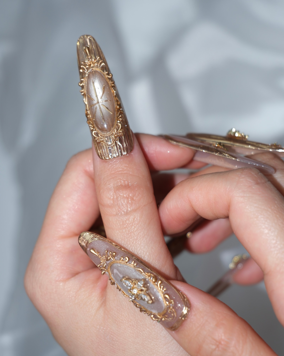 Press Ons extra long almond worn on hands,special look
