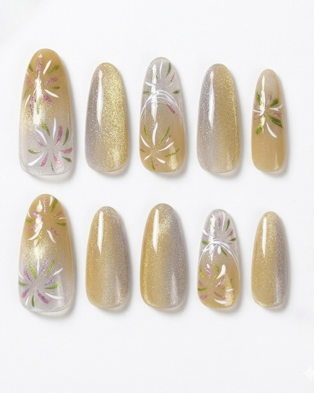 Canary Fireworks Uñas Postizas Largas Ovaladas