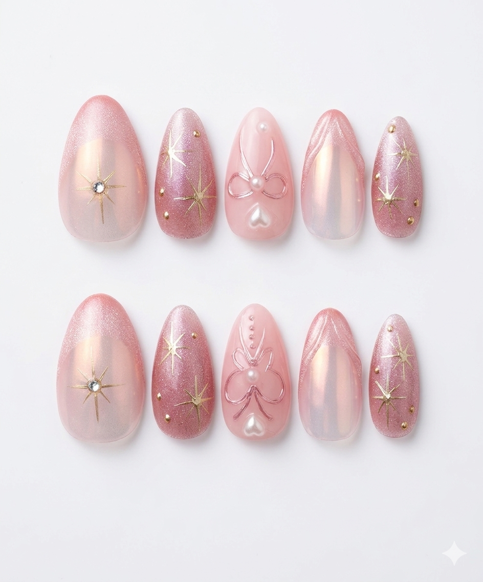 Pink Chrome Press-on Nails — Short Almond | Cosmic Love | Nenelemon