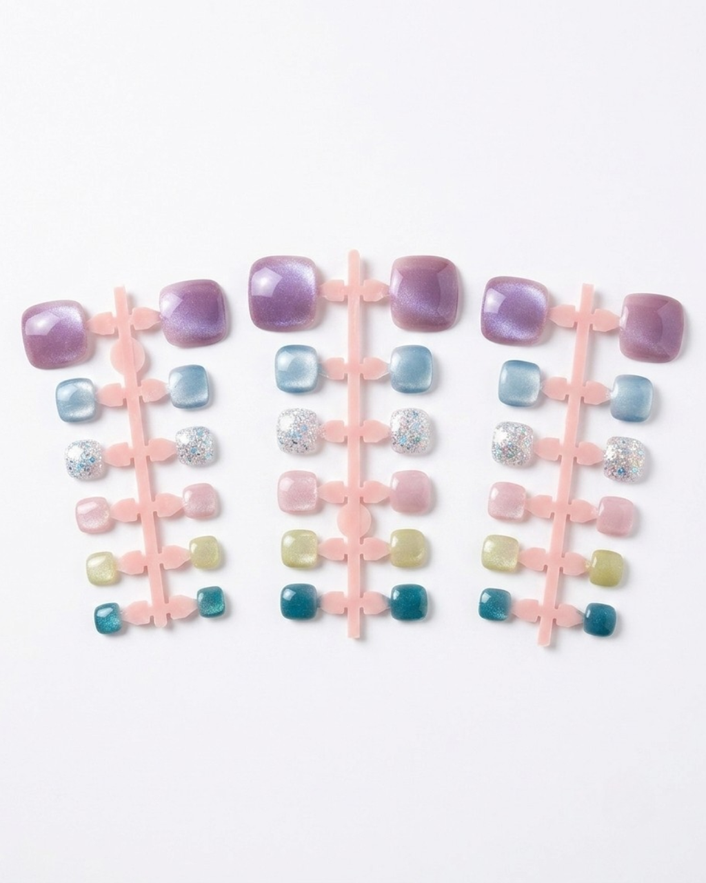 Cat-eye, press-on toenails, short squoval, soft gel, reusable