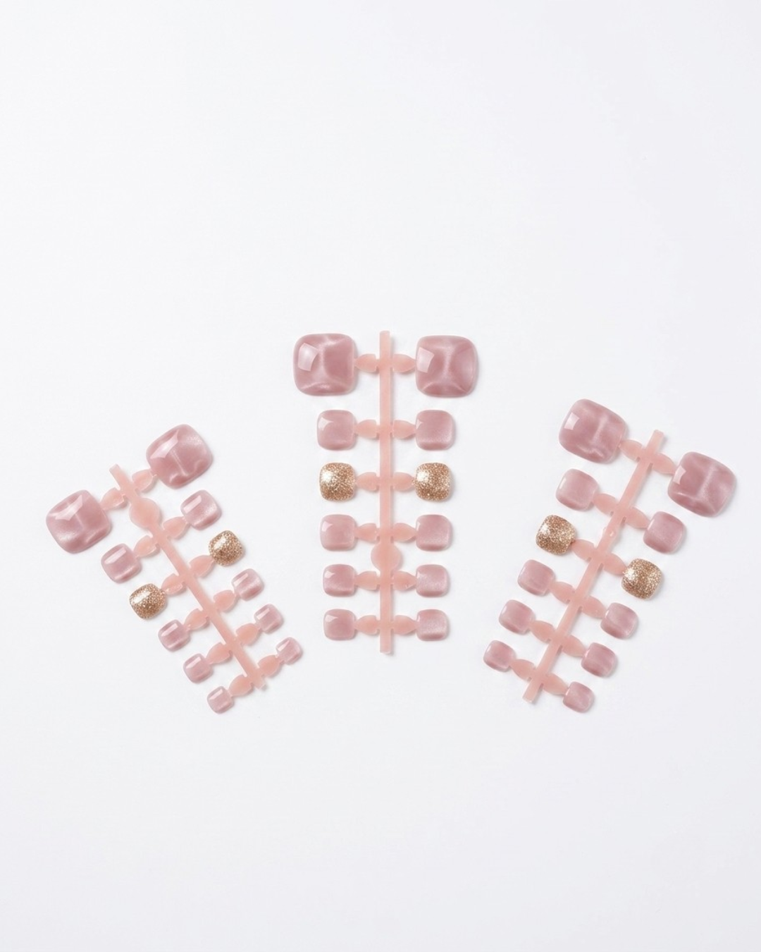 Pink, gold, cat-eye, press-on toenails, short squoval, soft gel, reusable