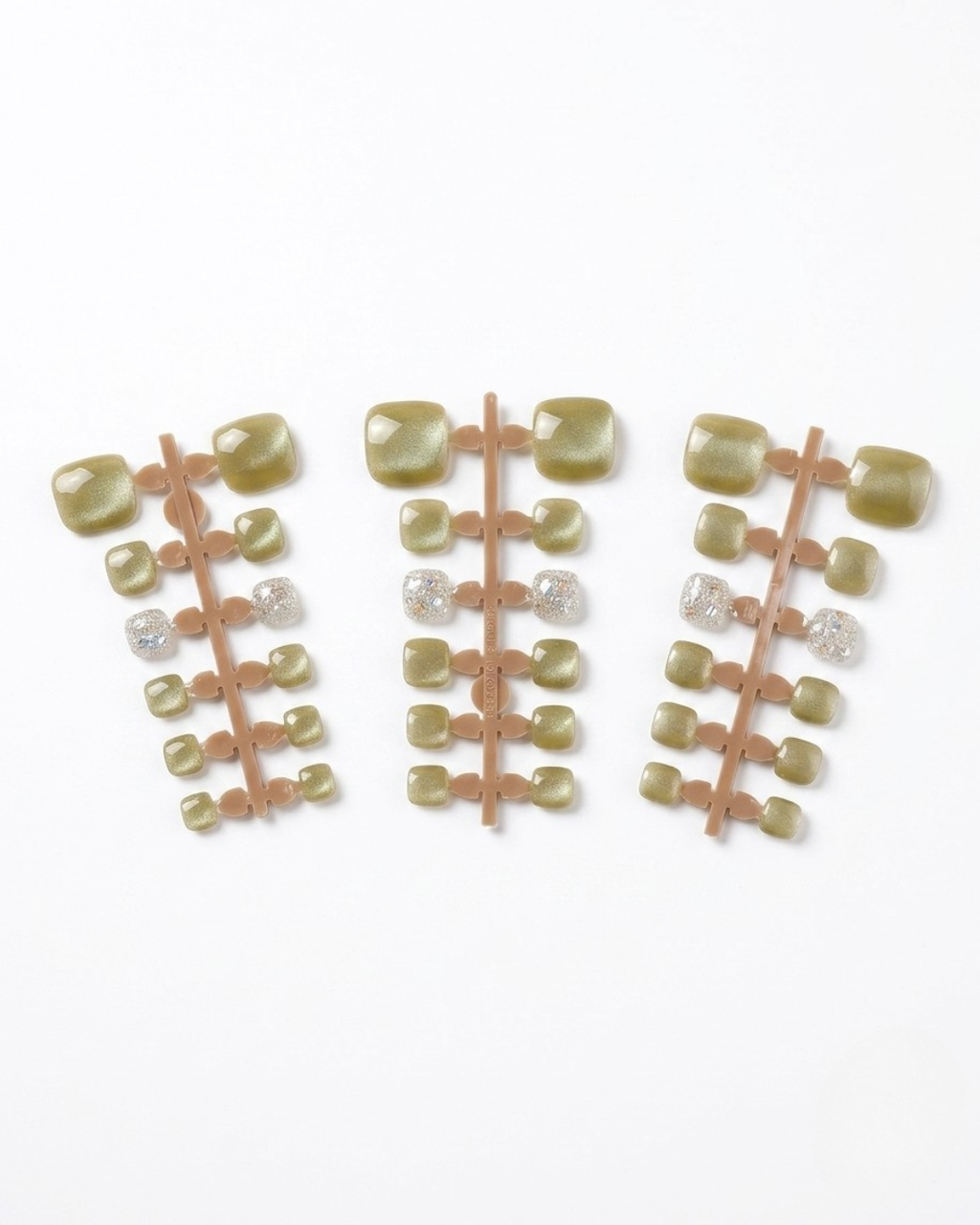 Green, silver, cat-eye, press-on toenails, short squoval, soft gel, reusable