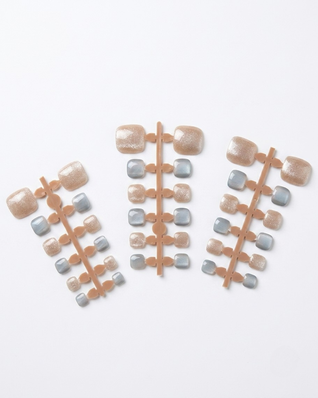 Blue, beige, cat-eye, press-on toenails, short squoval, soft gel, reusable