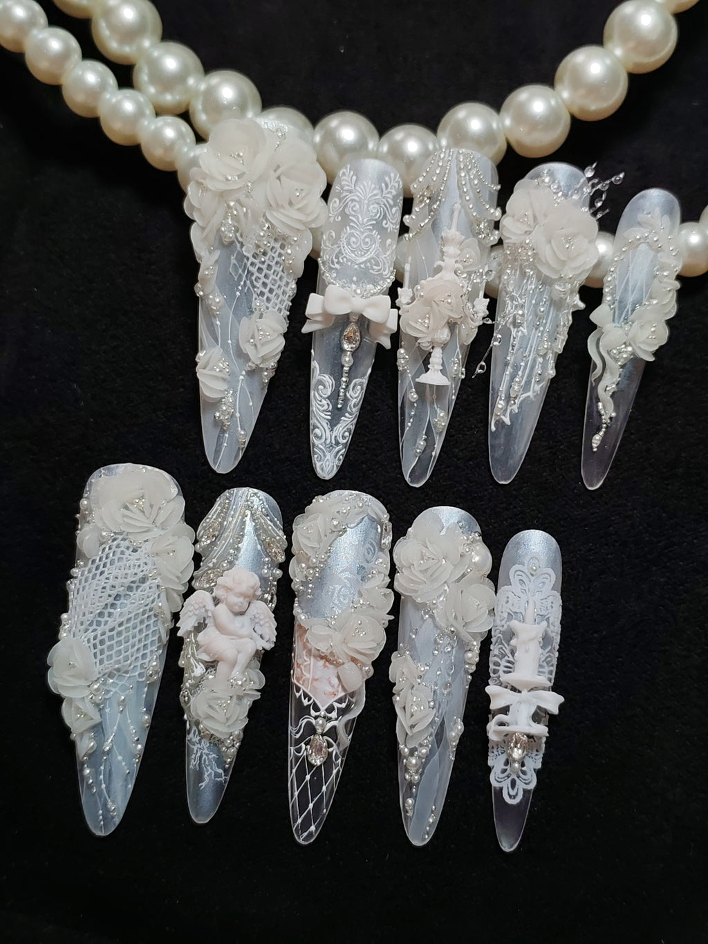 Press on nails, long stiletto, 3D, soft gel reusable, white pearls