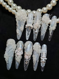 Press on nails, long stiletto, 3D, soft gel reusable, white pearls
