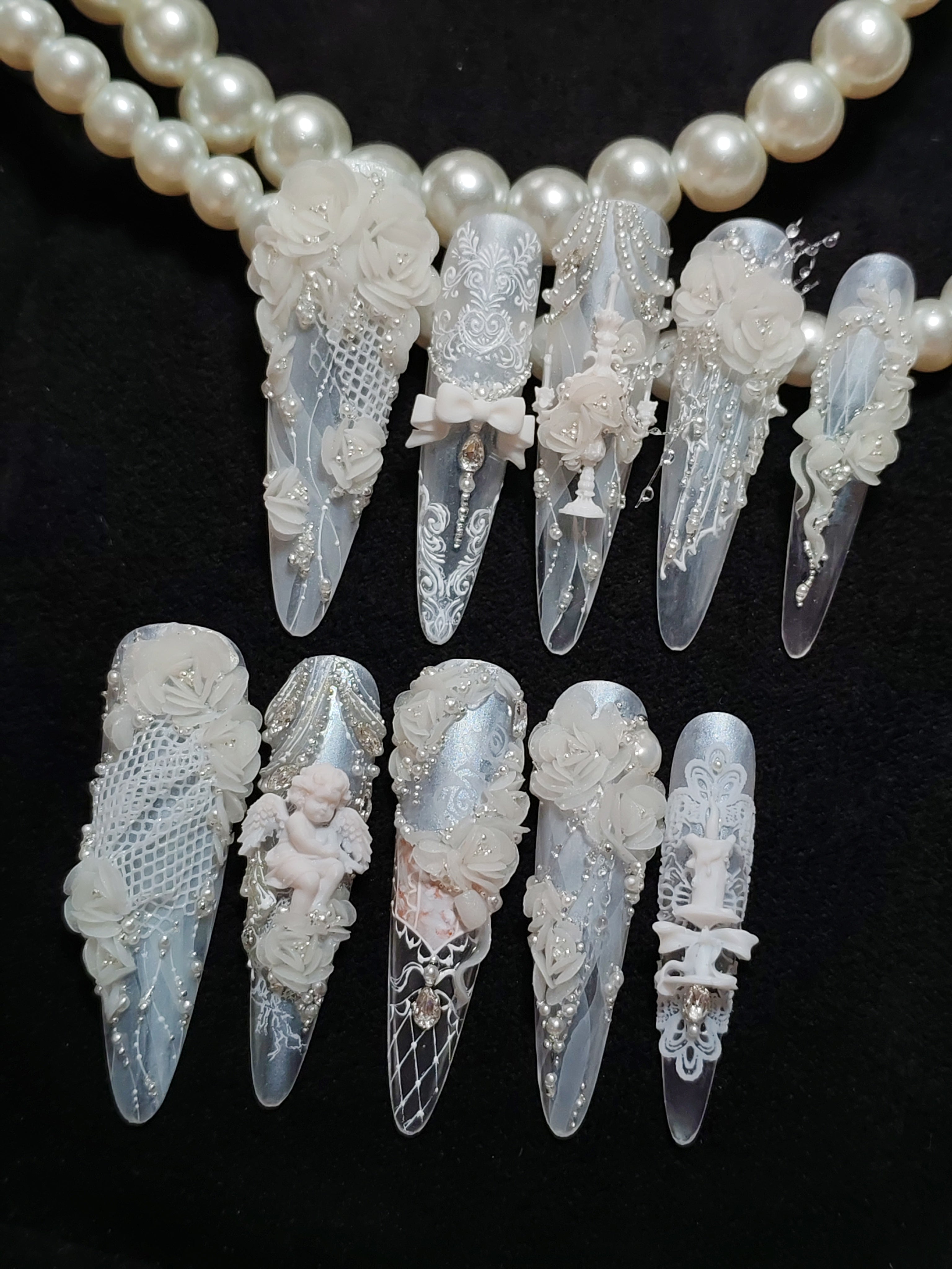 Press on nails, long stiletto, 3D, soft gel reusable, white pearls