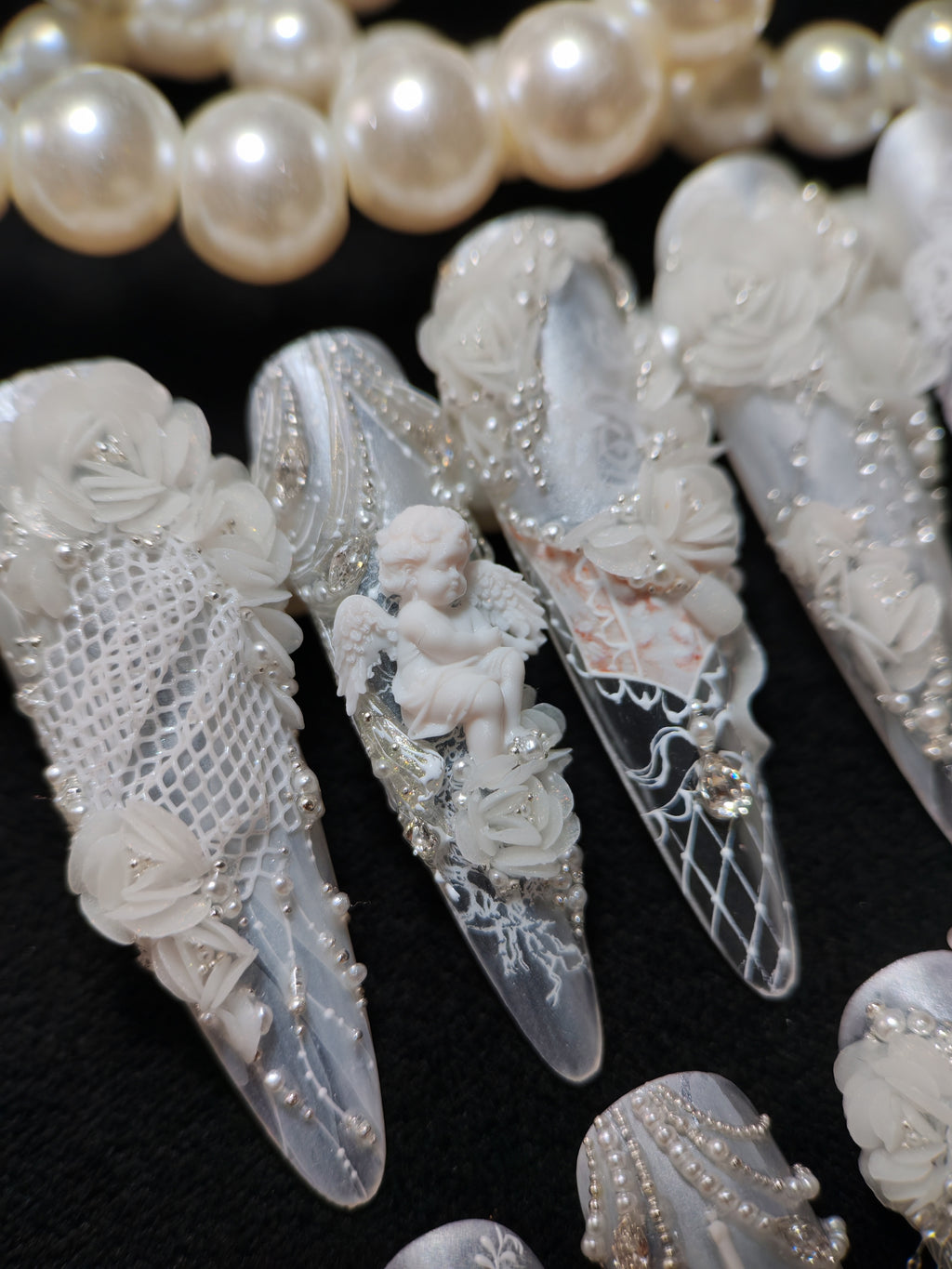 Press on nails, long stiletto, 3D, soft gel reusable, white pearls