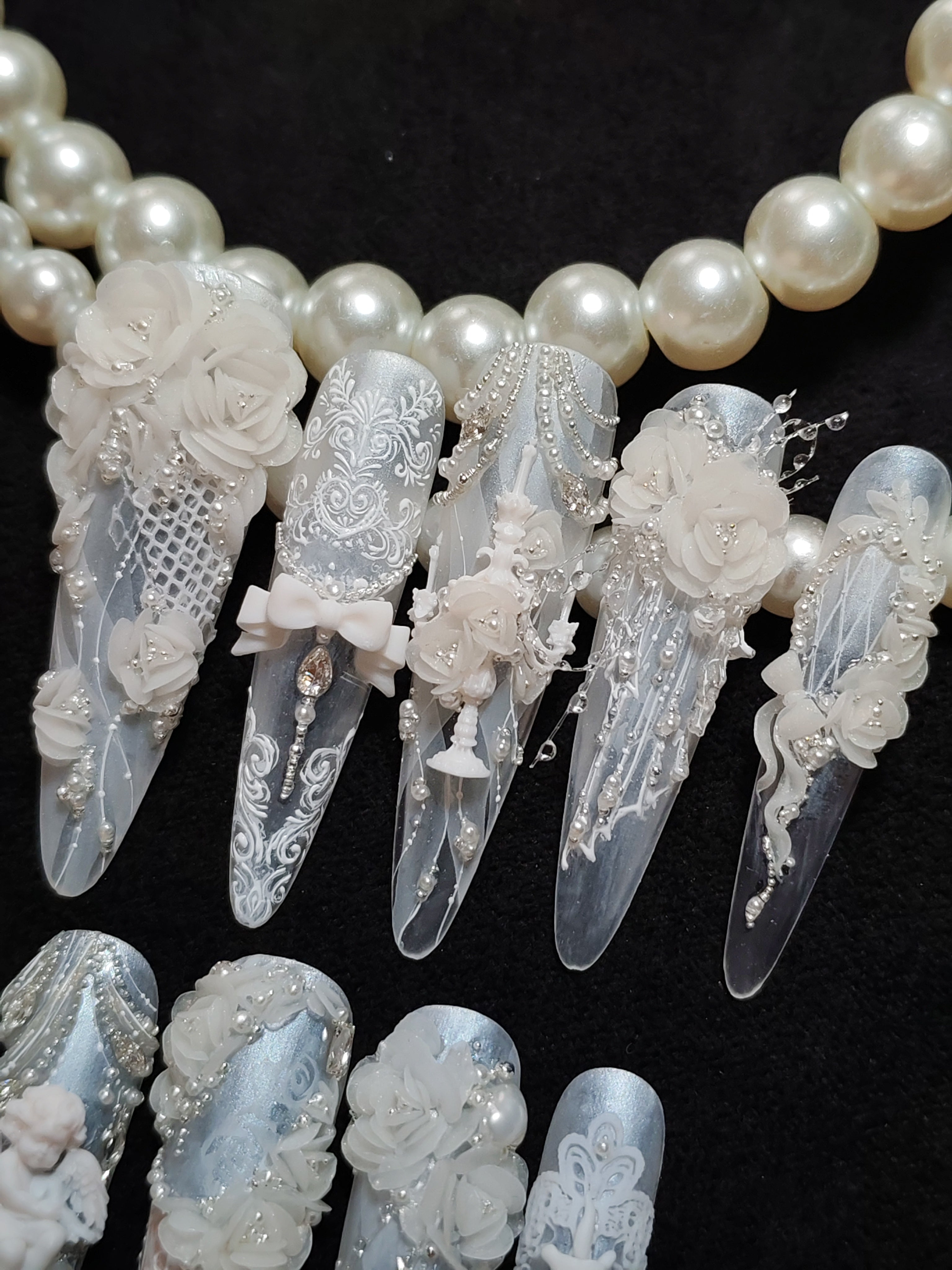 Press on nails, long stiletto, 3D, soft gel reusable, white pearls