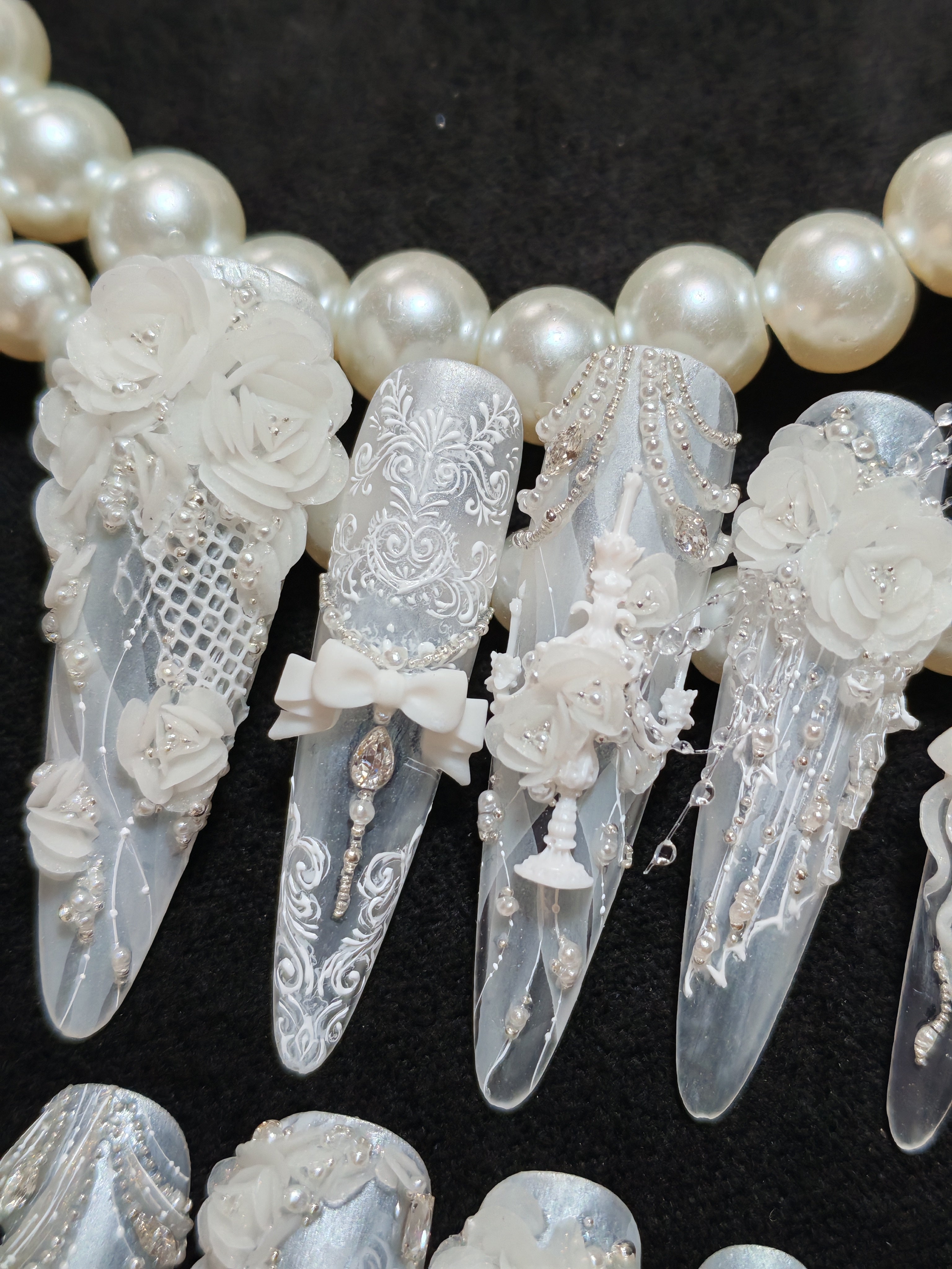 Press on nails, long stiletto, 3D, soft gel reusable, white pearls