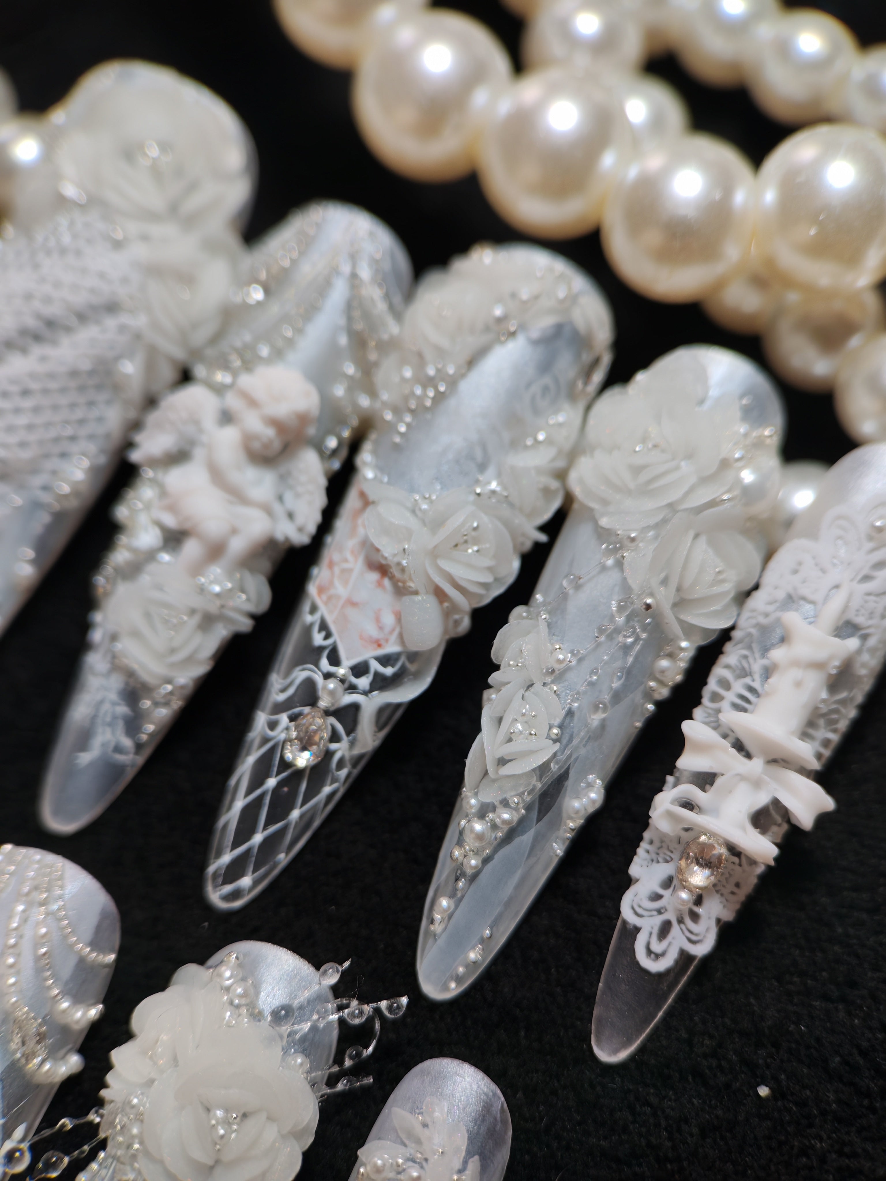 Press on nails, long stiletto, 3D, soft gel reusable, white pearls